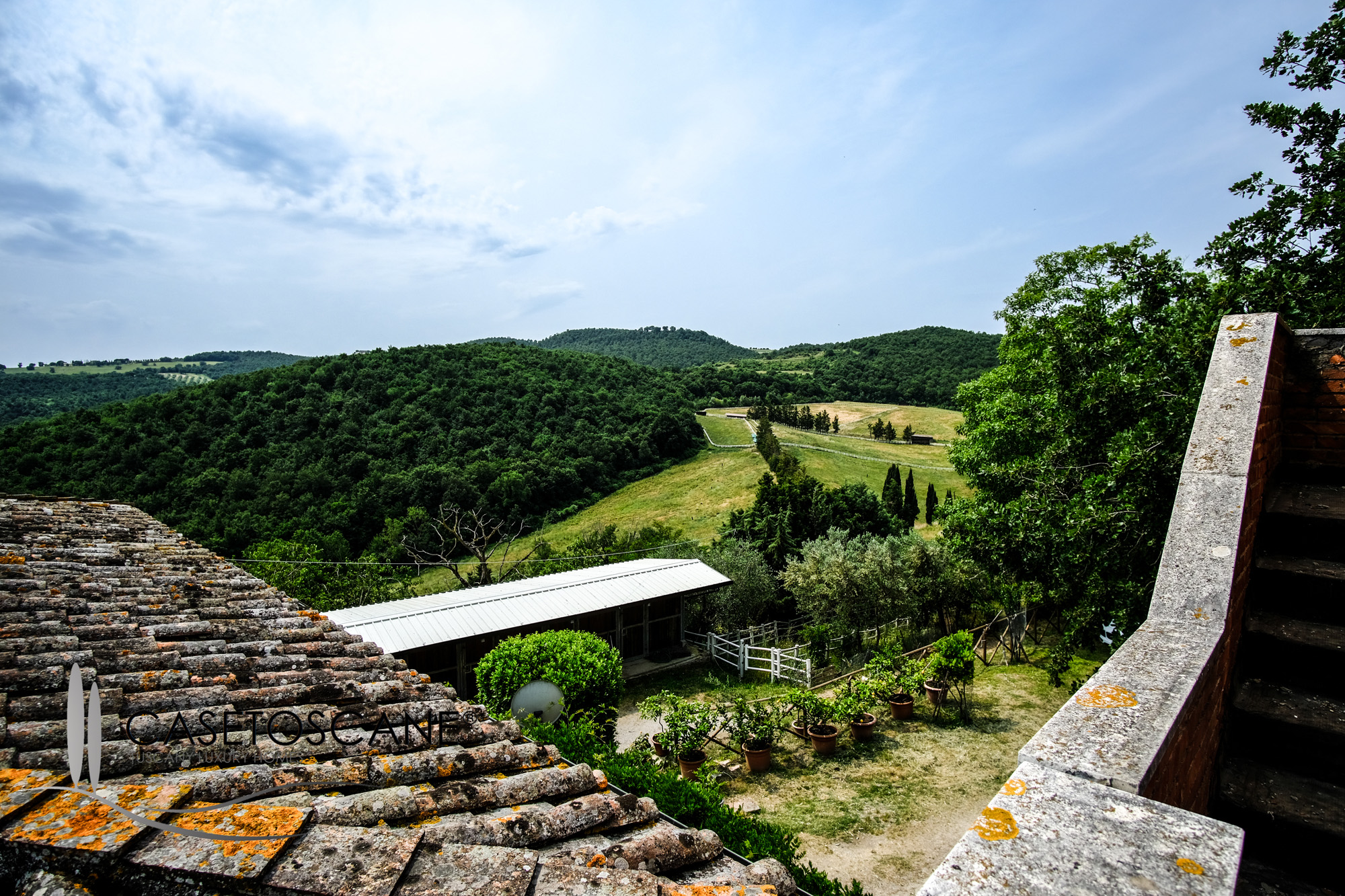 3223 - Azienda agricola di circa ha.100 con antico casale, castelletto di inizi '900 e ampie strutture per equitazione a Trequanda (SI).